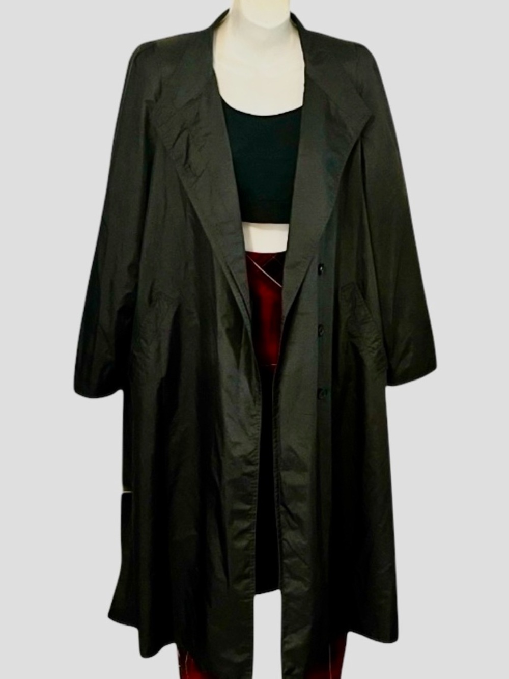 Luba Vintage Womans Black Nyon Asymmetrical Long Quilted Trench Rain Coat 9/10 - Picture 2 of 15